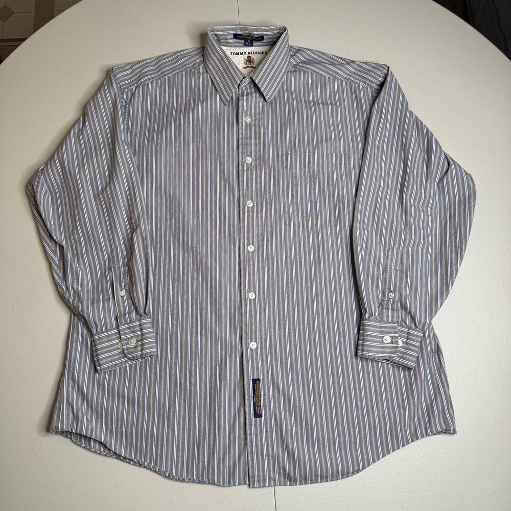 Tommy Hilfiger Mens 16 32-33 Striped Button Down Grey Blue White Cotton Shirt